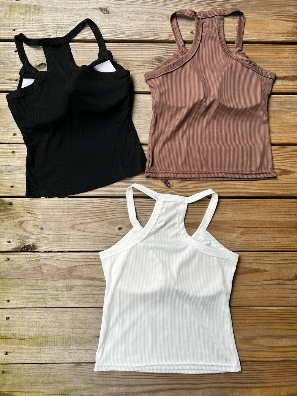 3 Women’s Medium Racerback Built in Pads Tank Tops - Black, White, Brown - Picture 5 of 10